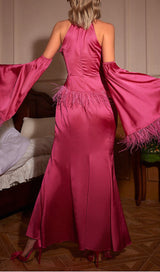 HALTERNECK FEATHER SATIN DRESS IN PINK