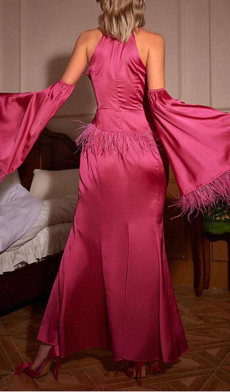 HALTERNECK FEATHER SATIN DRESS IN PINK