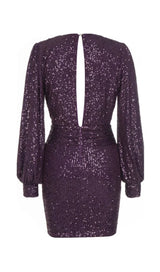 GLITTER PLEATS BIG V-NECK WRAP HIP DRESS IN PURPLE