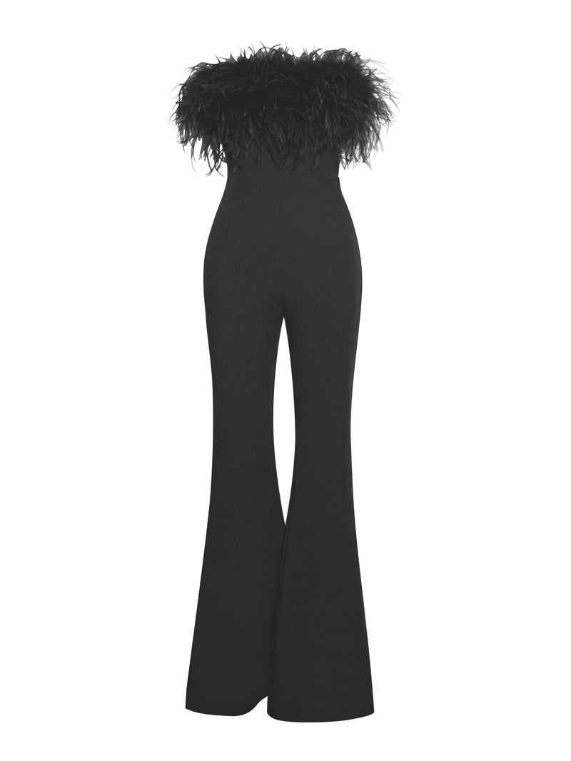 FEATHER JUMPSUIT IN BLACK