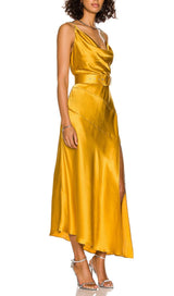 BANDAGE RUCHED MIDI DRESS IN GOLD