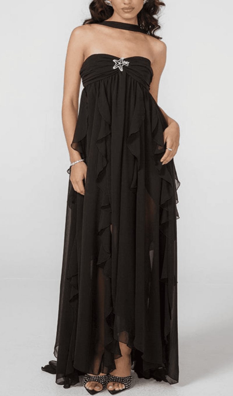 LACE IRREGULAR MAXI DRESS IN BLACK