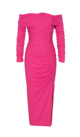 PLEATED OFF SHOULDER HIGH SPLIT DRESS IN BRIGHT PINK