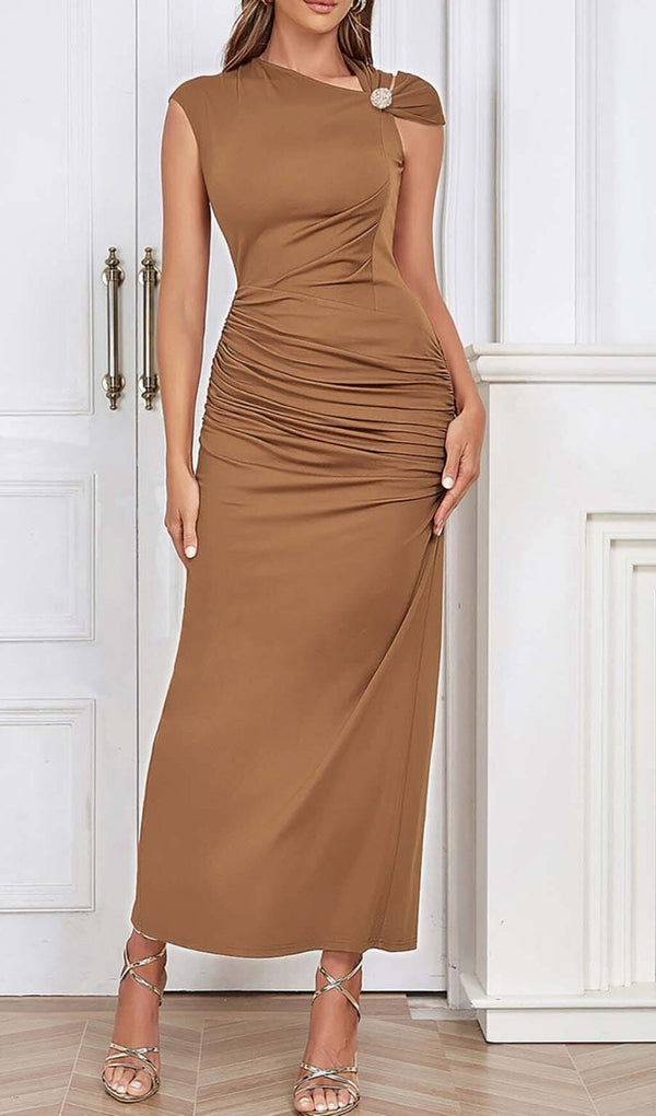 RUCHED SATIN MIDI DRESS IN BROWN