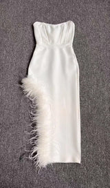 STRAPLESS FEATHER MIDI DRESS IN WHITE