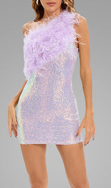 PURPLE ONE SHOULDER SEQUIN FEATHER MINI DRESS