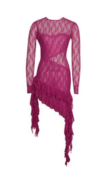 LONG SLEEVE RUFFLE LACE DRESS IN HOT PINK