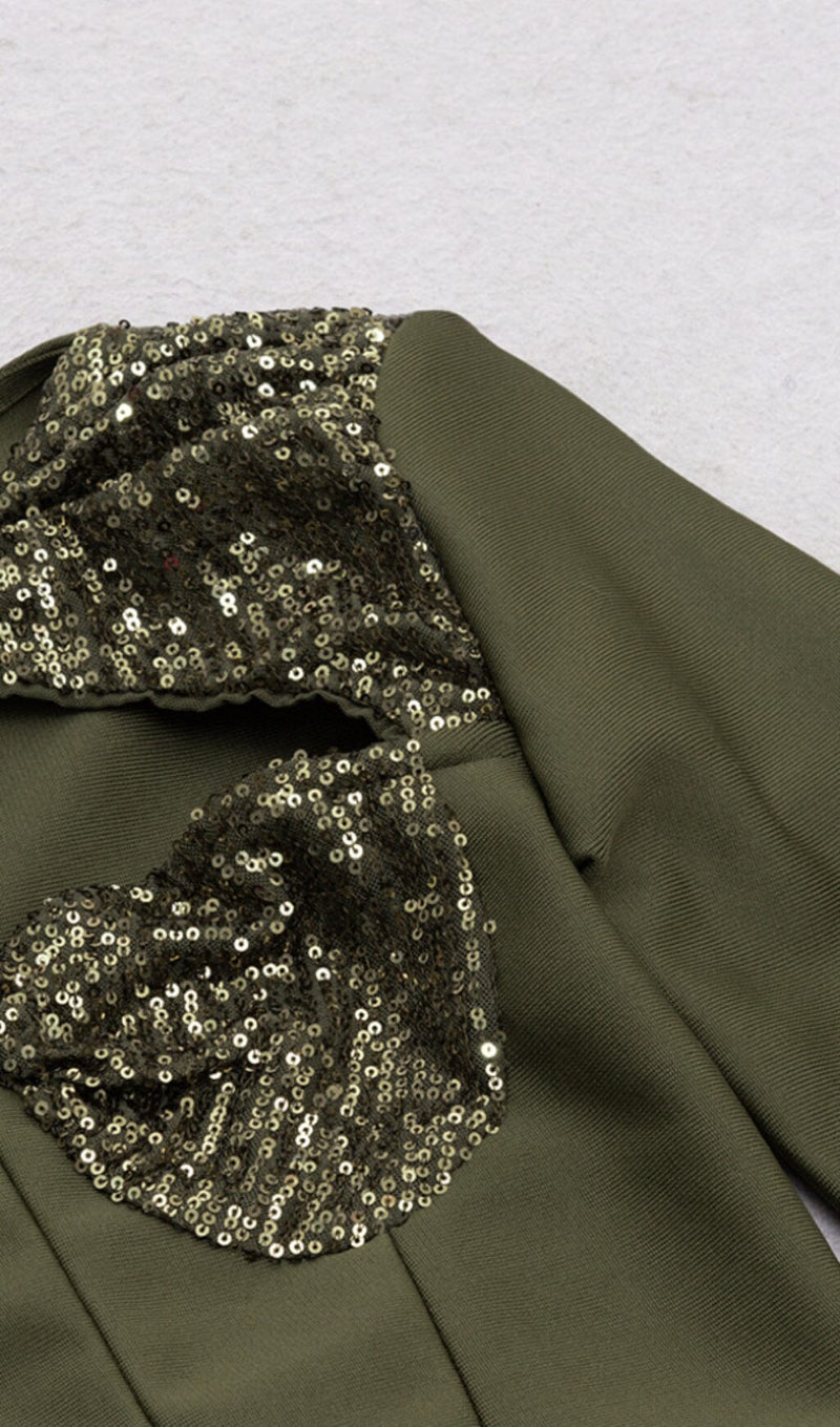 SEQUIN BODICE HIP WRAP DRESS IN OLIVE GREEN