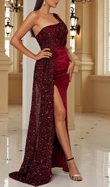 VELVET ONE-SHOULDER SEQUINS MAXI DRESS