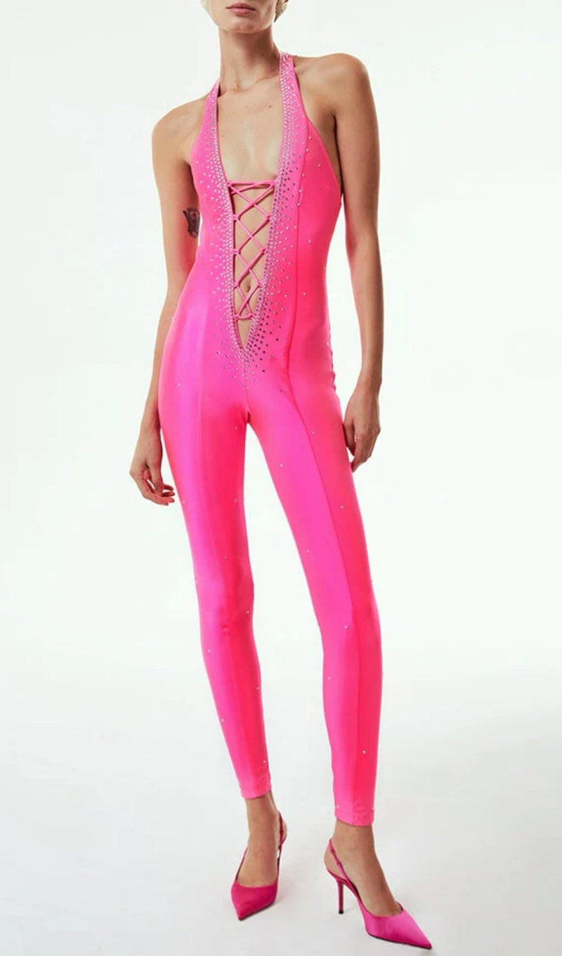 HALTER NECK CRYSTAL BACKLESS JUMPSUITS IN PINK