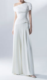 WHITE FEATHER PLEATED TWO PIECES SUIT