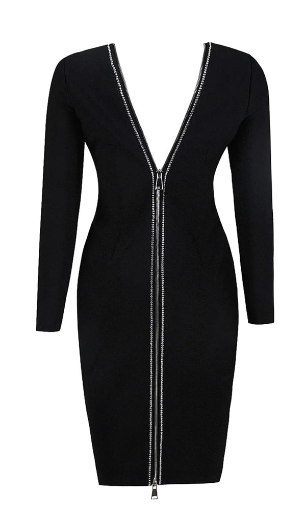 LONG SLEEVE CRYSTAL BANDAGE MIDI DRESS IN BLACK