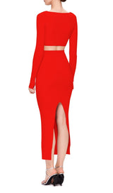 CUTOUT LONG SLEEVE MIDI DRESS IN RED