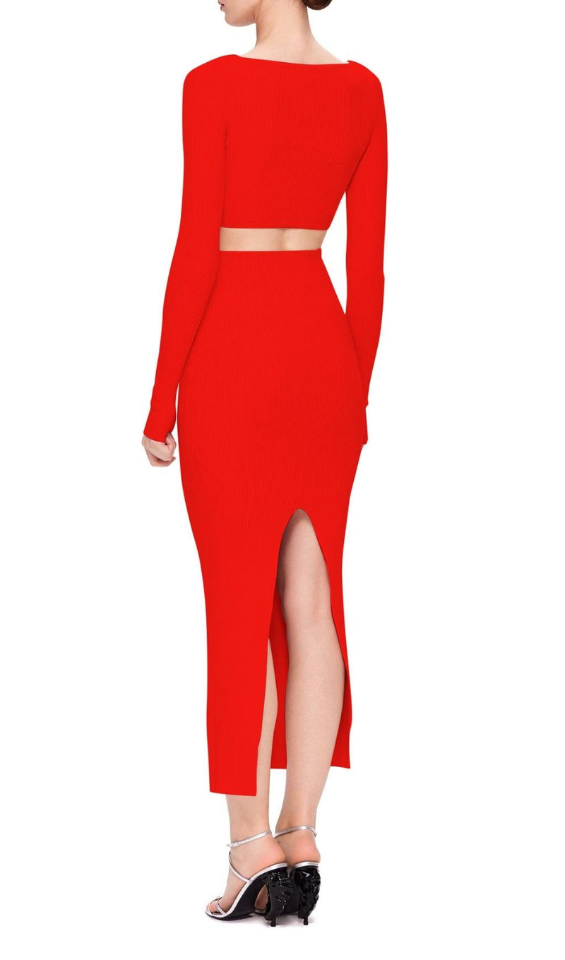 CUTOUT LONG SLEEVE MIDI DRESS IN RED