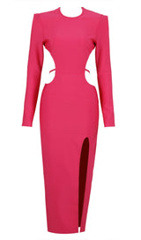 LONG SLEEVE OPEN BACK SLIT DRESS IN ROSE RED