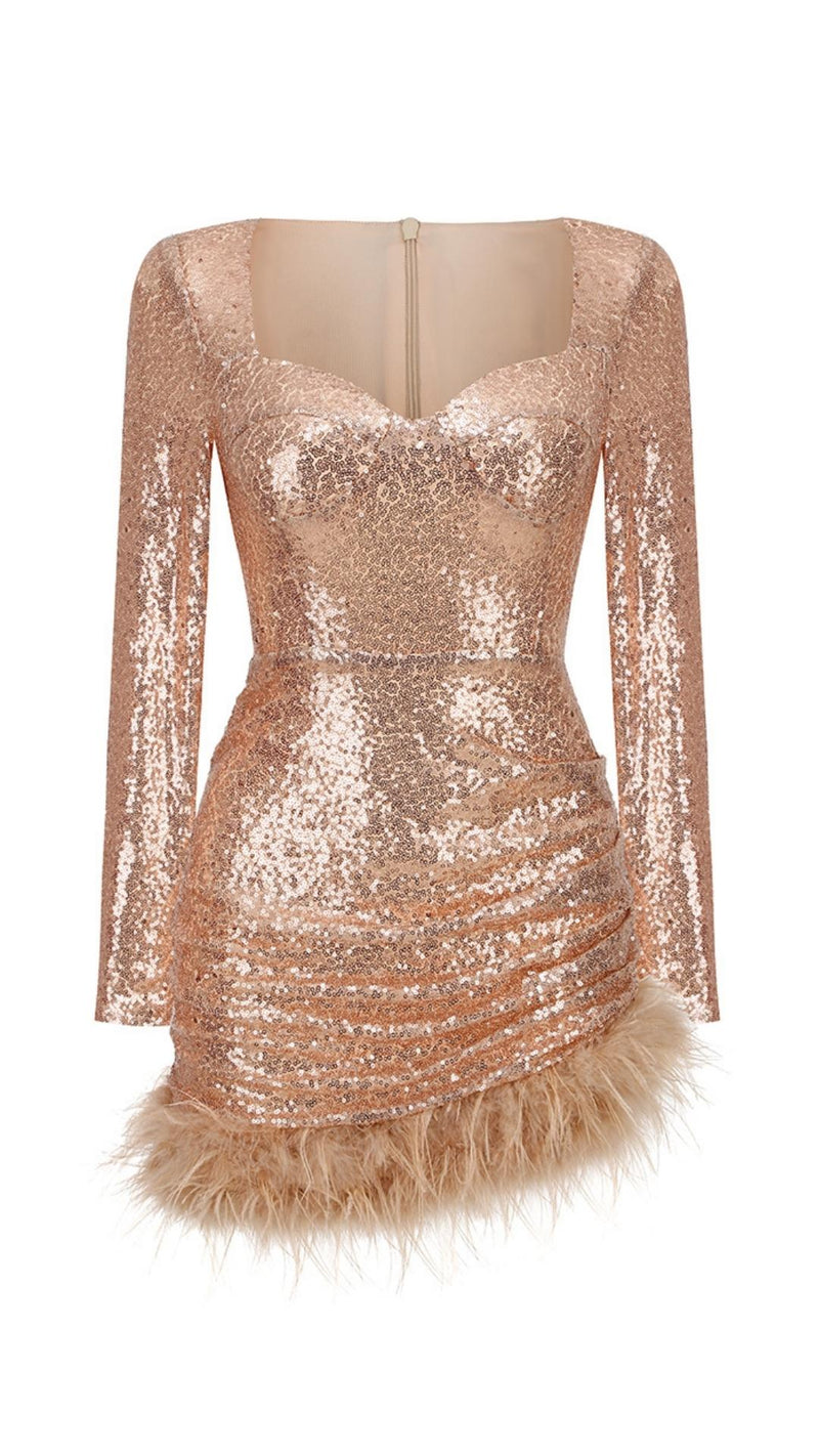 SEQUIN FEATHER MINI DRESS IN ROSE GOLD