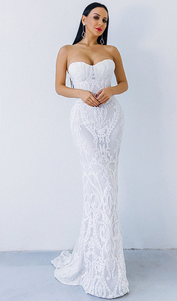 WHITE SEQUIN LACE STRAPLESS MAXI DRESS