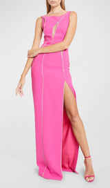 CRYSTAL WAVY CUTOUT THIGH-SLIT CADY GOWN