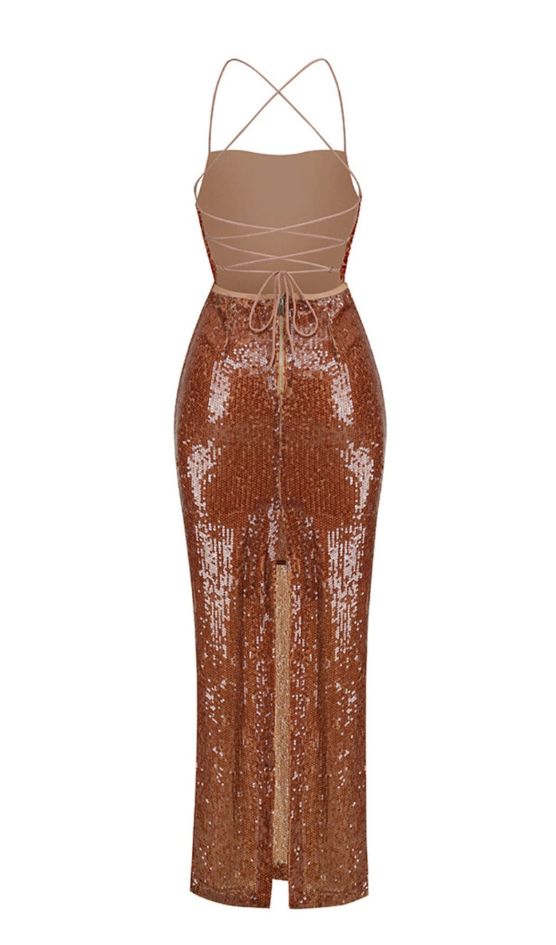 SEQUIN BACKLESS MAXI DRESS IN BROWN