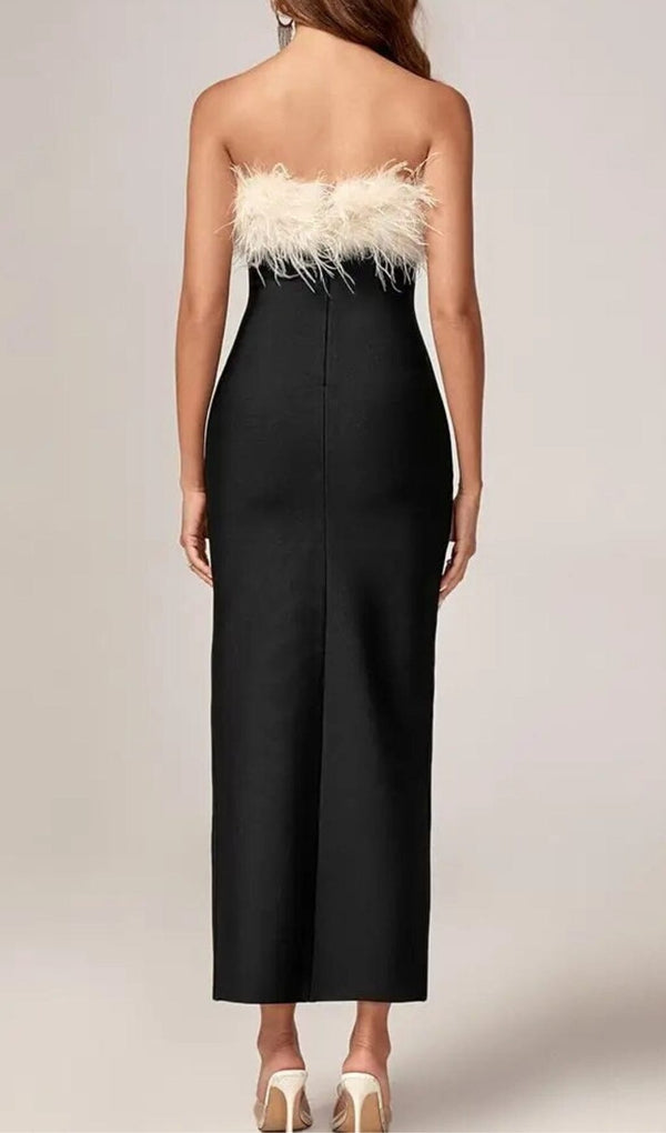 BLACK OFF SHOULDER FEATHERS MAXI BANDAGE DRESS