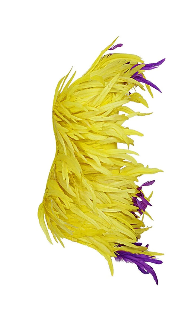 ASYMMETRIC FEATHER MINI DRESS IN YELLOW