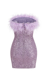 SEQUIN FEATHER STRAPLESS MINI DRESS IN PURPLE