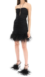 SEXY STRETCH OFF-SHOULDER FEATHER MINI DRESS IN BLACK