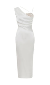 SATIN ONE SHOULDER MIDI DRESS IN WHITE