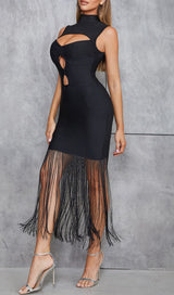 SLEEVELESS HOLLOWED OUT FRINGE DRESS IN BLACK