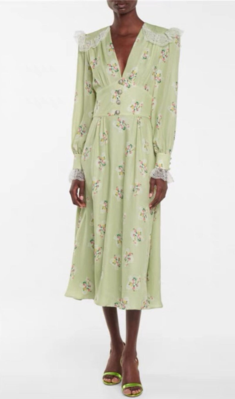 LIGHT GREEN V NECK FLORAL SILK MIDI DRESS