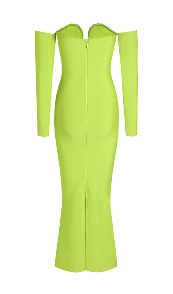 GREEN V-NECK OFF-SHOULDER LONG-SLEEVED MESH DIAMOND BANDAGE DRESS