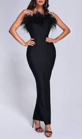 FEATHER BODYCON MAXI DRESS IN BLACK