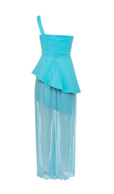 ONE SHOULDER BODYCON RUFFLED MESH BLUE PLEATED MIDI DRESS