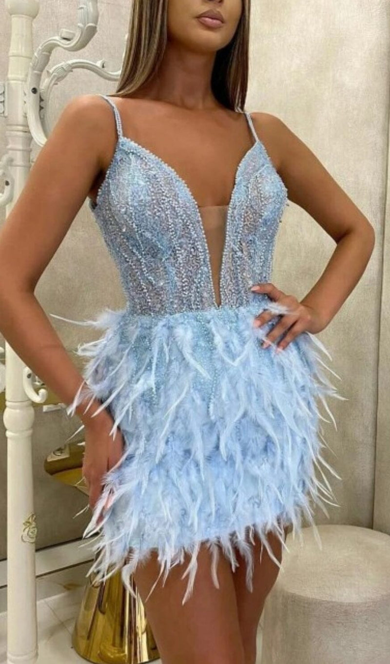 FEATHER WRAP HALTER SWEETHEART MINI DRESS IN BLUE