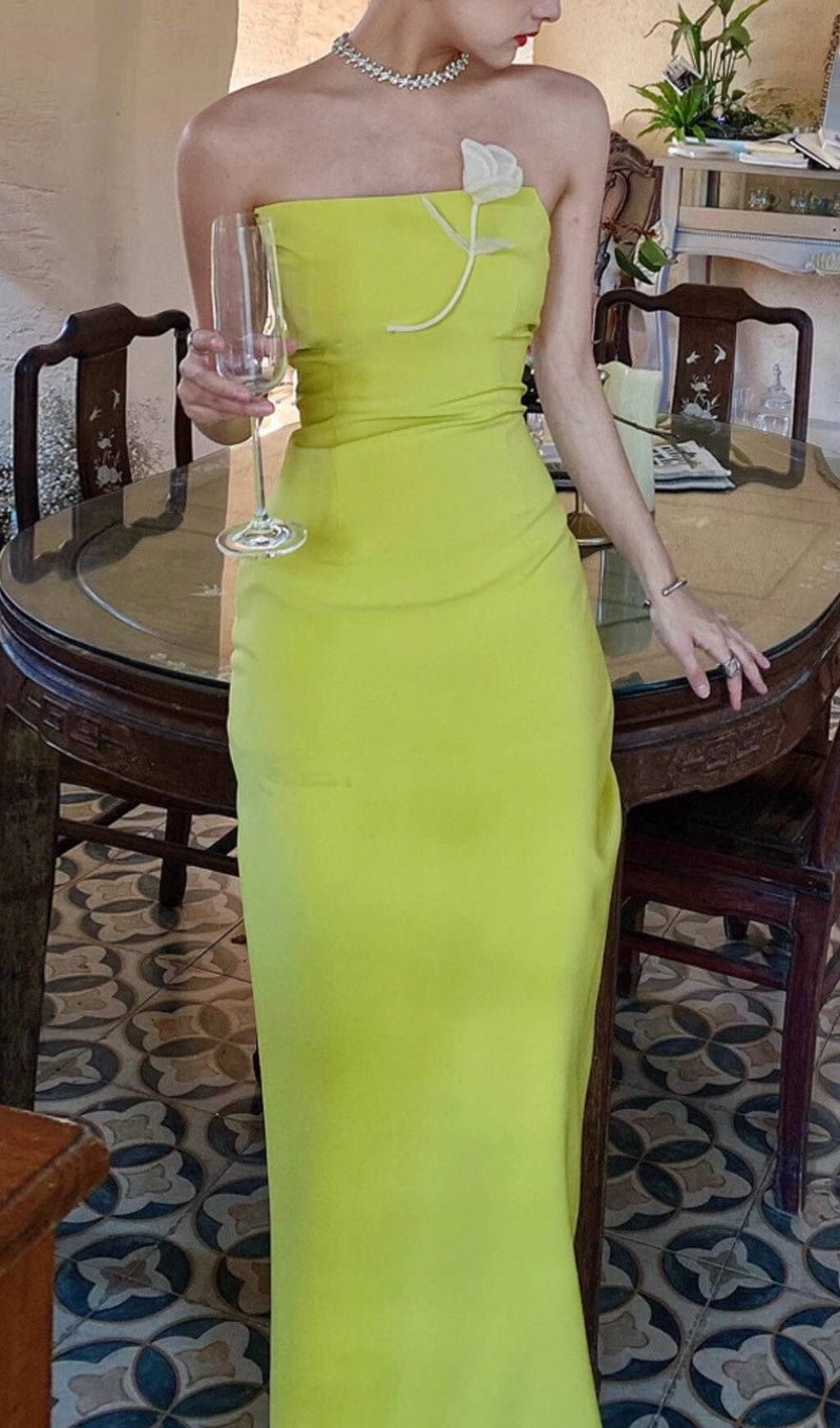 LEMON YELLOW FLOWER EMBELLISHED SLIT MAXI DRESS