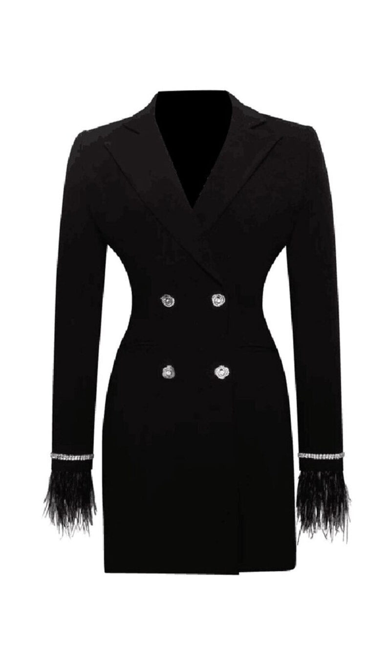 QUILLA BLACK FEATHER CRYSTAL SLEEVE BACKLESS BLAZER DRESS