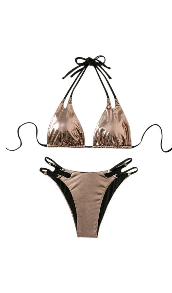 LACE UP HALTER BIKINI IN GOLD