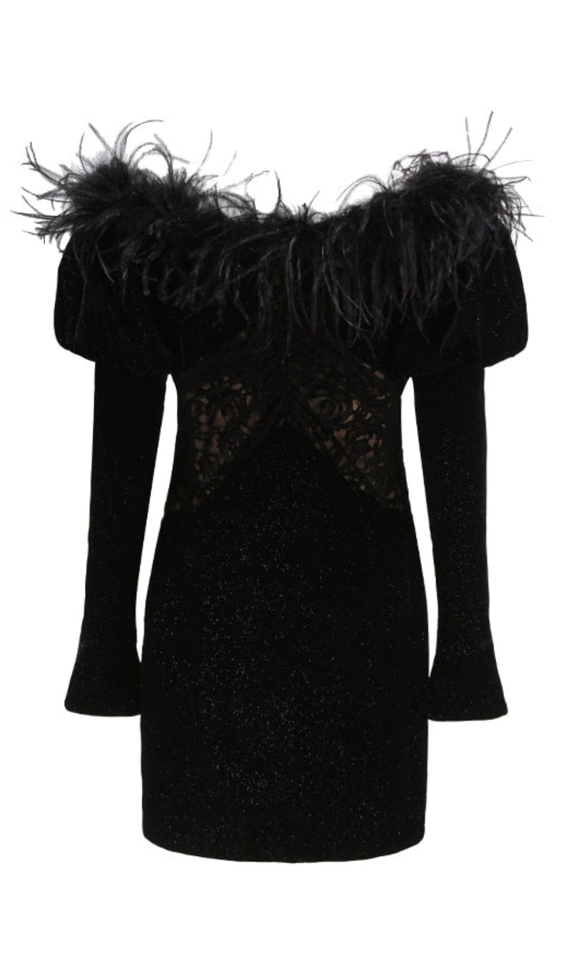 OFF SHOULDER OSTRICH FUR DECORATIVE SLIM-FIT MINI DRESS IN BLACK