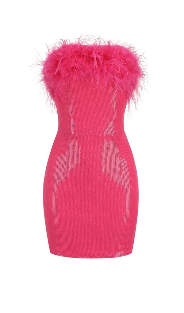 SEQUIN FEATHER STRAPLESS MINI DRESS IN PINK