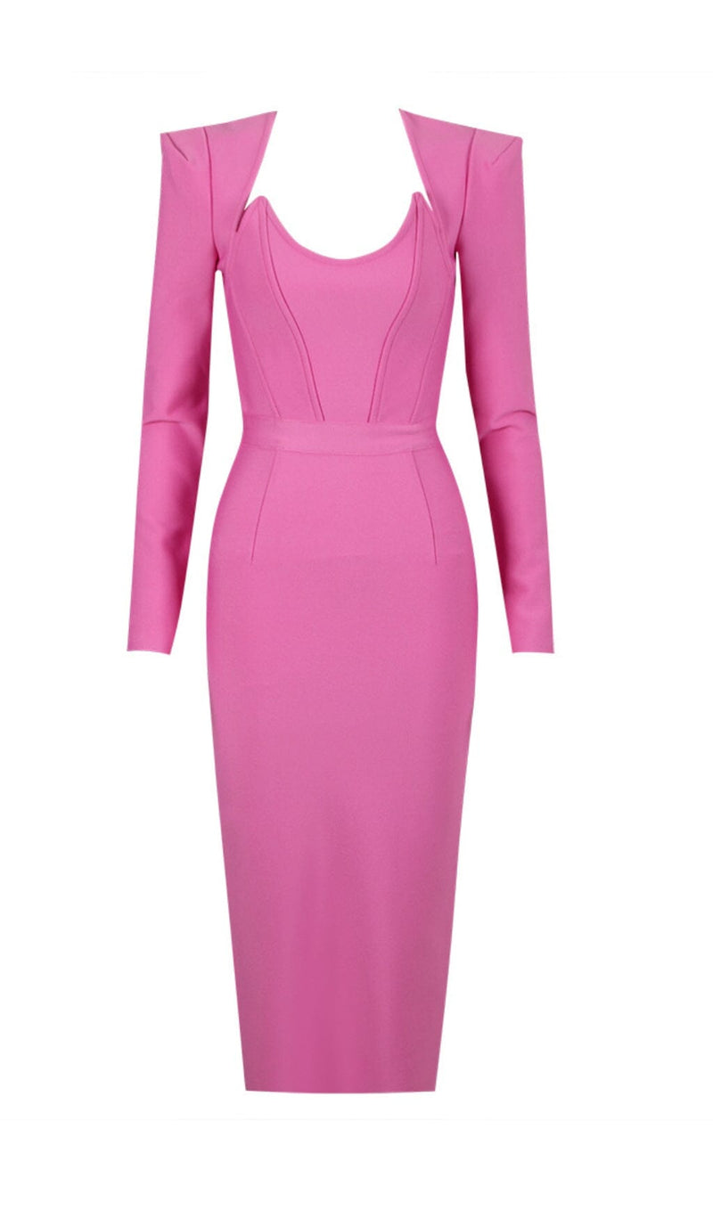 SQUARE SHOULDER CORSET MIDI DRESS IN PINK