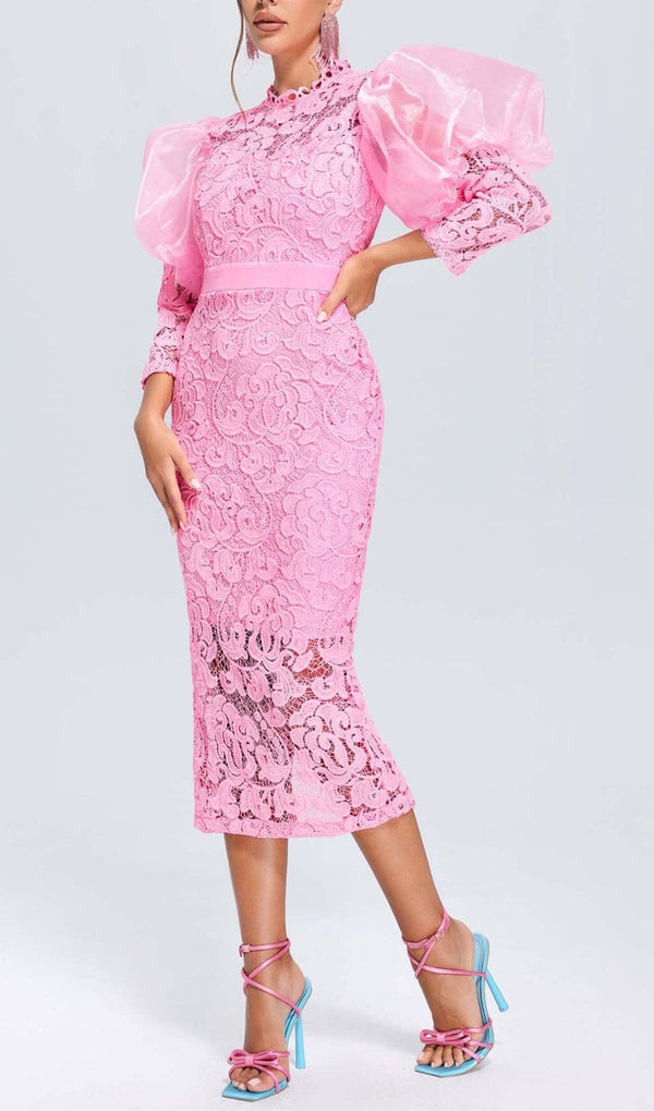 PINK PUFF SLEEVE LACE MIDI DRESS