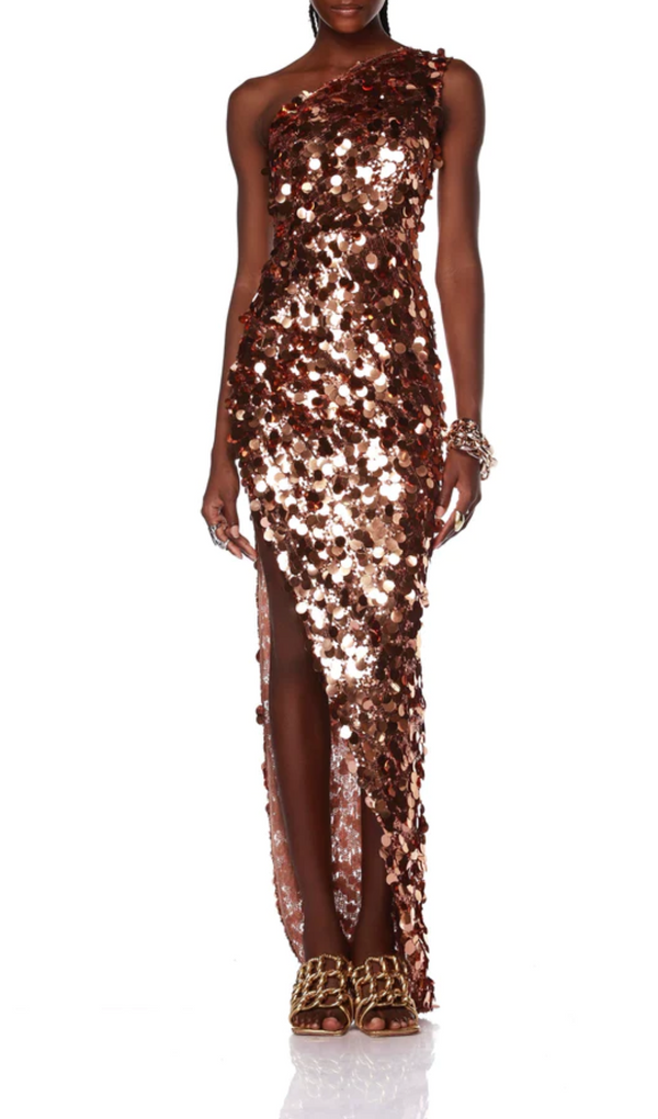 ROBE À SEQUINS UNE ÉPAULE DORÉE