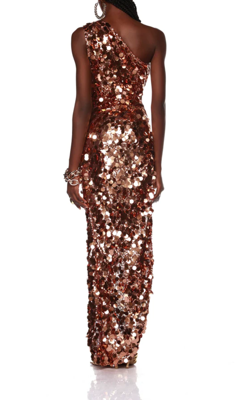 ROBE À SEQUINS UNE ÉPAULE DORÉE