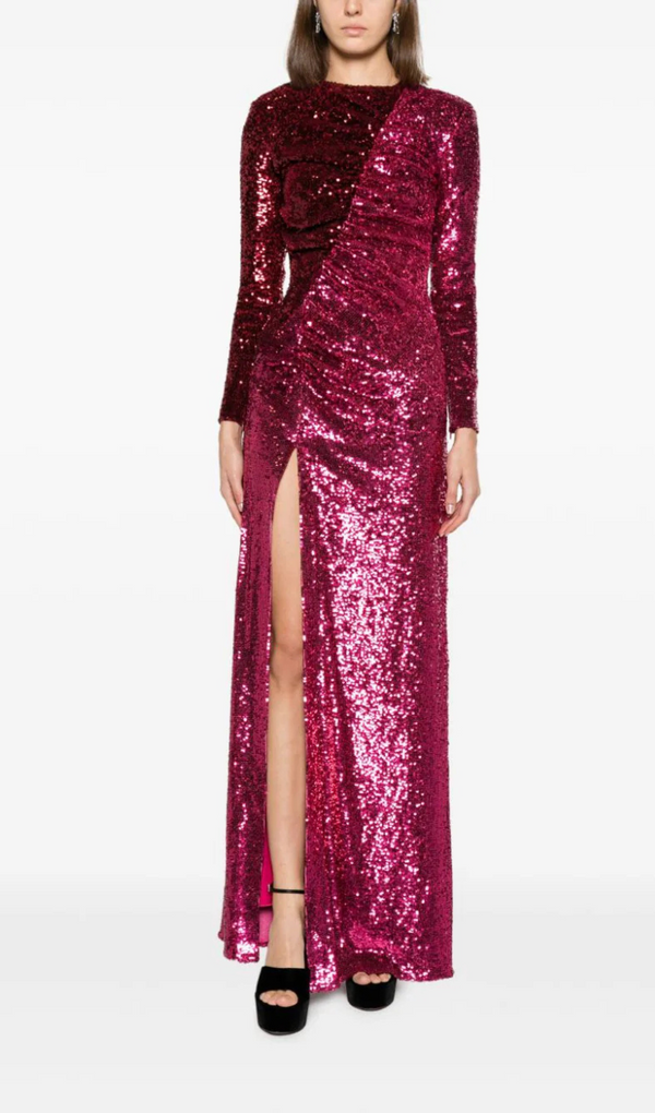 ROBE MAXI À SEQUINS FRONCÉS BORDEAUX