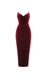 BURGUNDY STRAPLESS VELVET MIDI DRESS