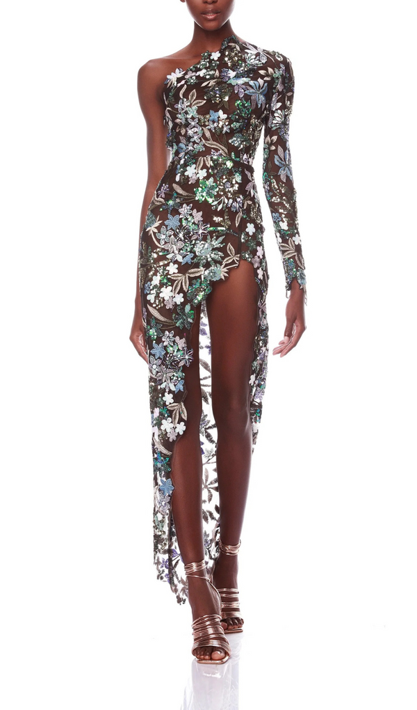 ROBE MAXI À SEQUINS UNE ÉPAULE