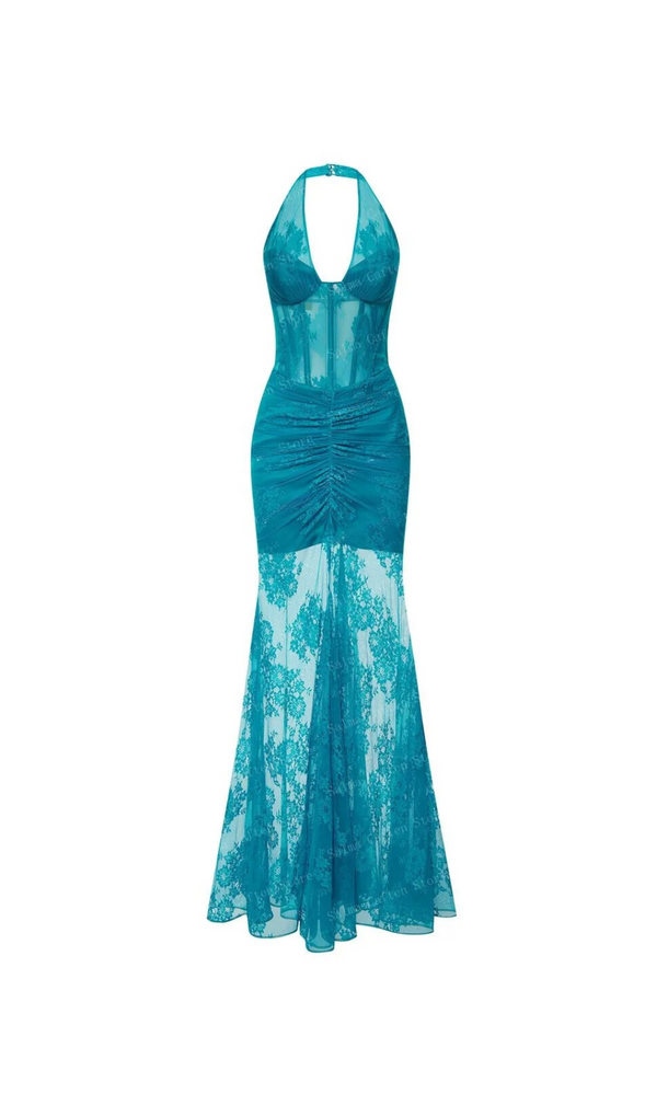 ROBE MAXI SIRÈNE EN DENTELLE BUSTIER LISSE EN BLEU