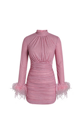 ROBE MINI ROSE AVEC PLUME ET STRASS