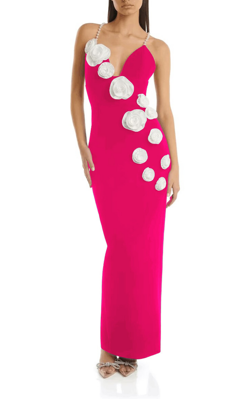 ROBE MAXI FLEUR PERLES BRETELLES ROSE CHAUD