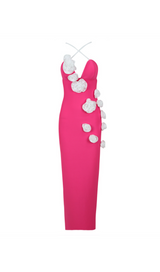 FLOWER PEARL STRAPS MAXI DRESS HOT PINK